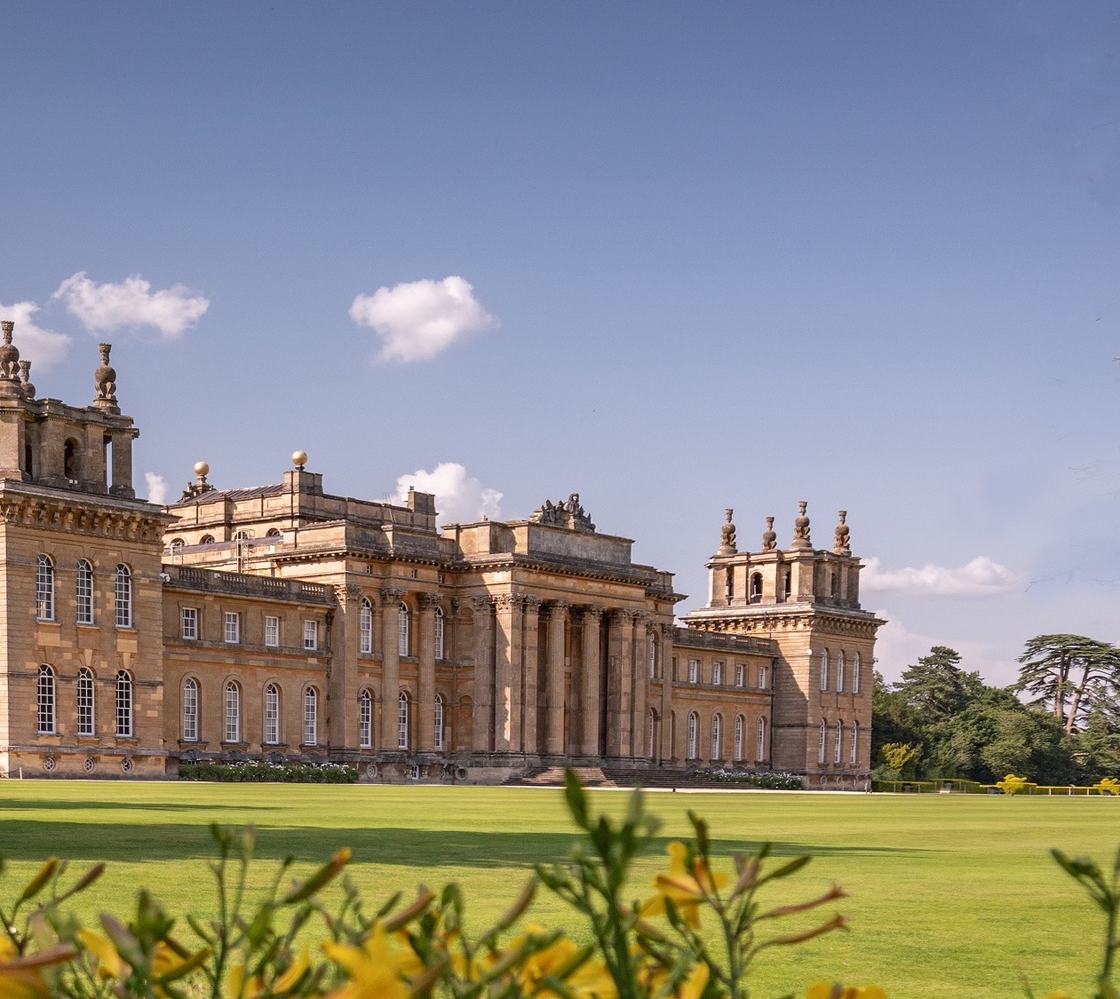 Blenheim Palace with flowers in the foreground